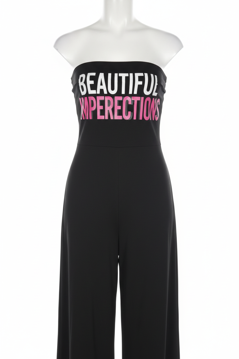 Beautiful Imperfections screen printed on black jumpsuit