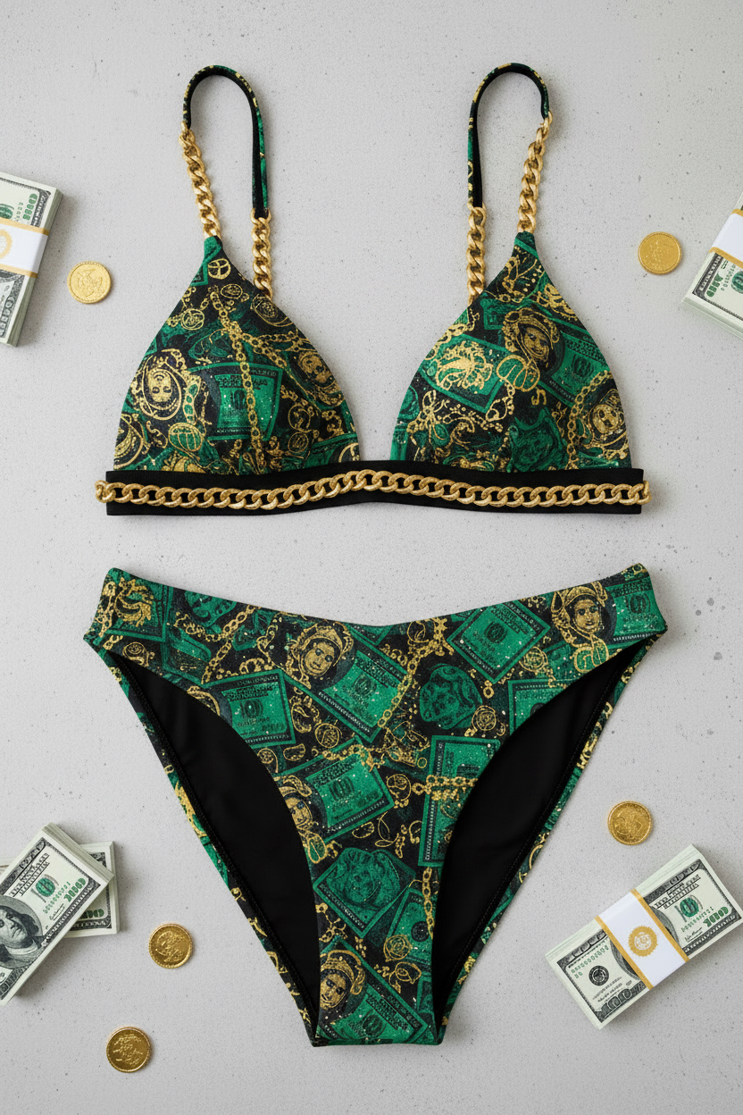 Black Green Gold 100 Dollar Bills Bikini