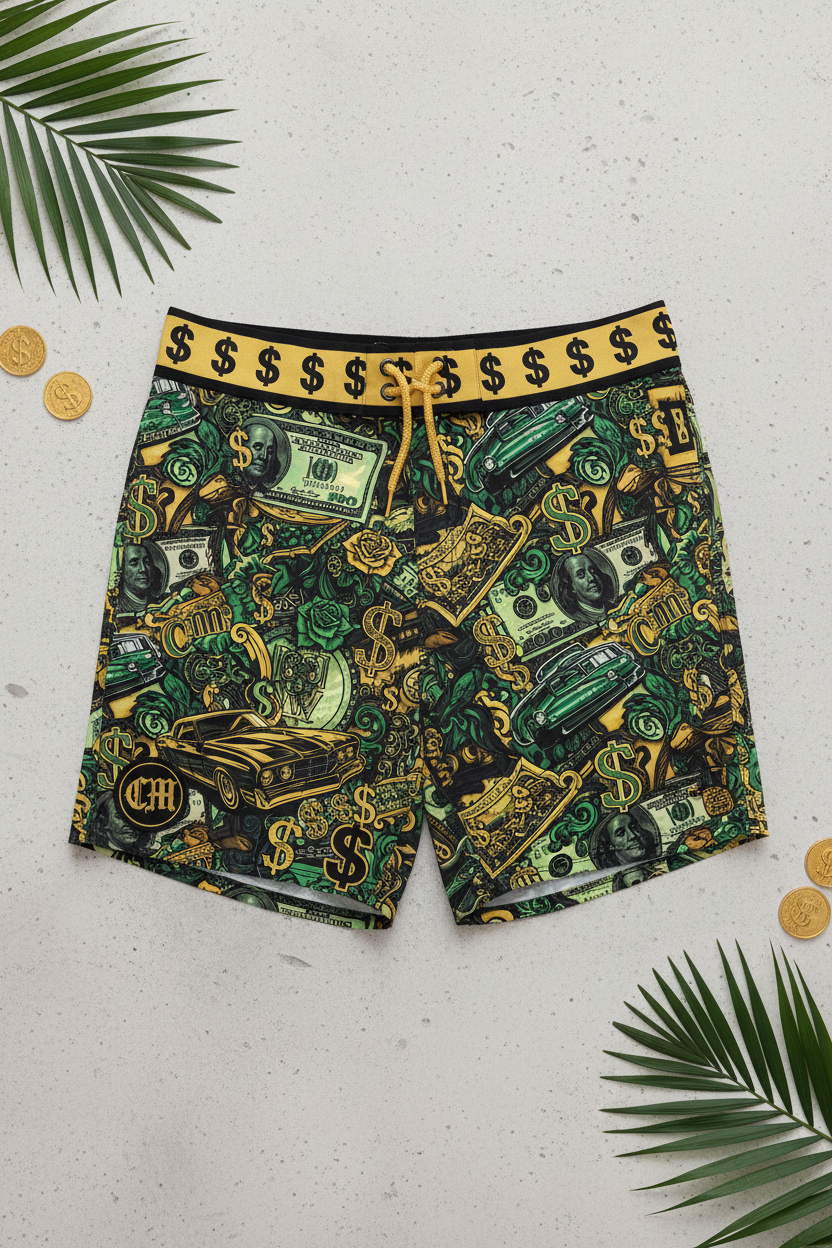 Black Green Gold Money Swim Shorts