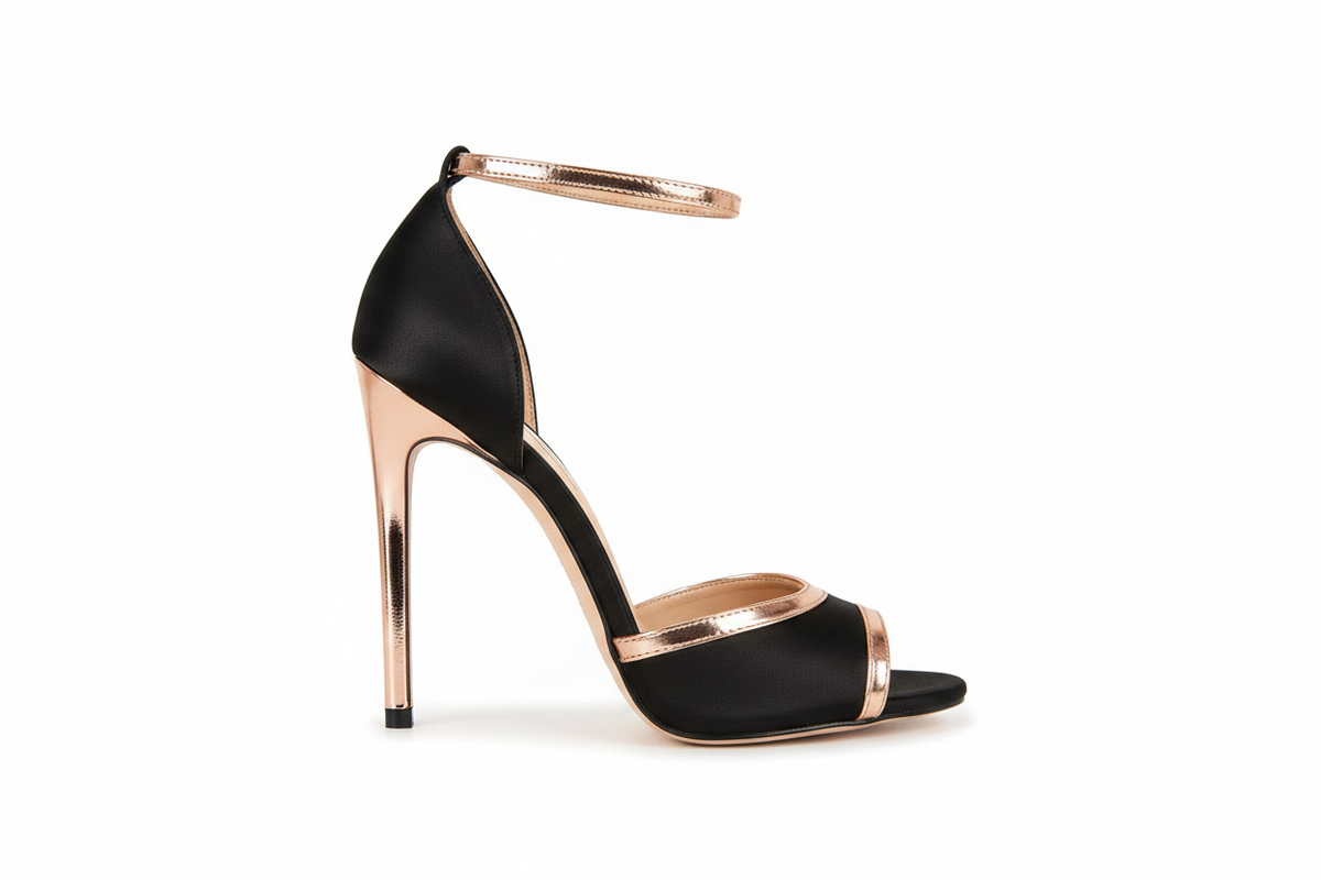 black and rose gold open toe high heels
