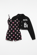 Black Spaghetti Strap Shorts Romper with Cropped Denim Jacket - No Model