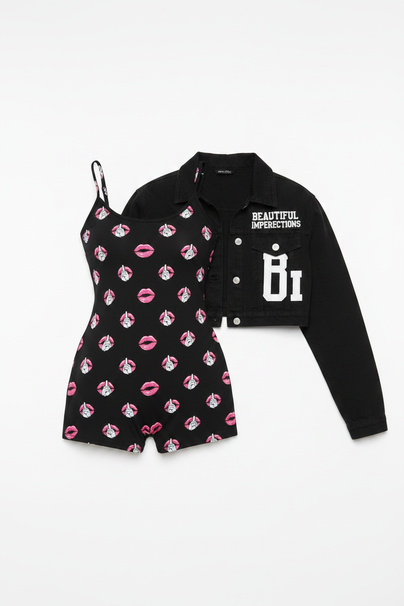 Black Spaghetti Strap Shorts Romper with Cropped Denim Jacket - No Model