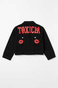 Cropped Black Denim Jacket - Toxicia on the Back with Lips