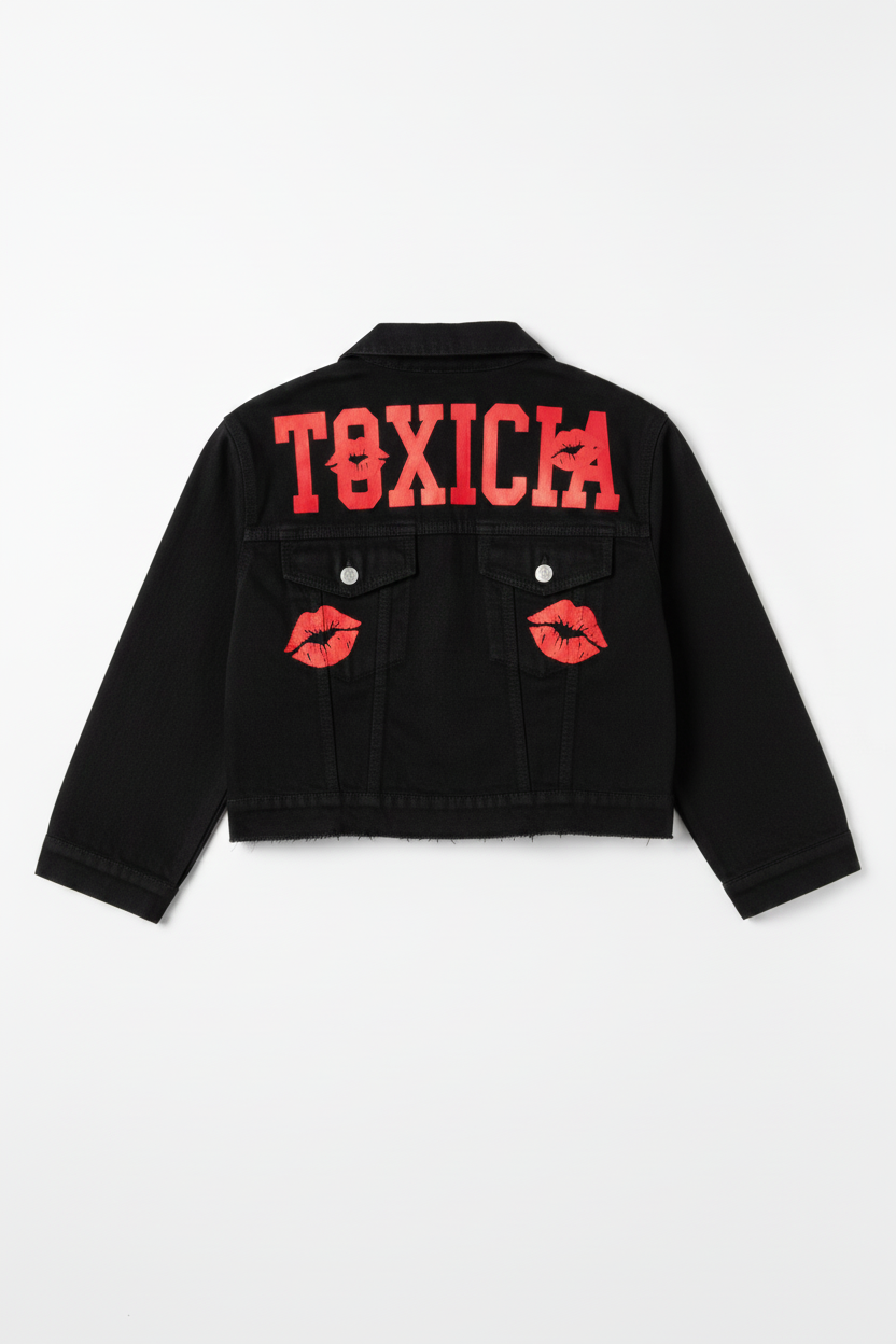Cropped Black Denim Jacket - Toxicia on the Back with Lips