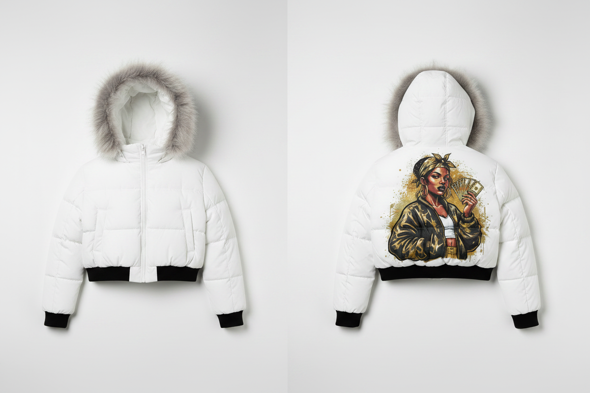 Front and Back - White Puffer Jacket Same Graphic