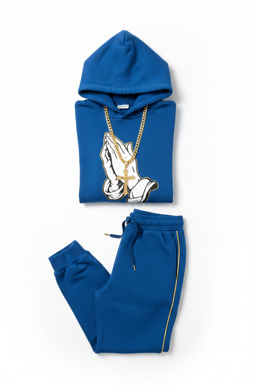 Men's Blue & Gold Praying Hands Sweat Outfit