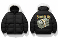 Men's Stack It Up Puffer Jacket - White Fur Hood, Green Red & Gold Design