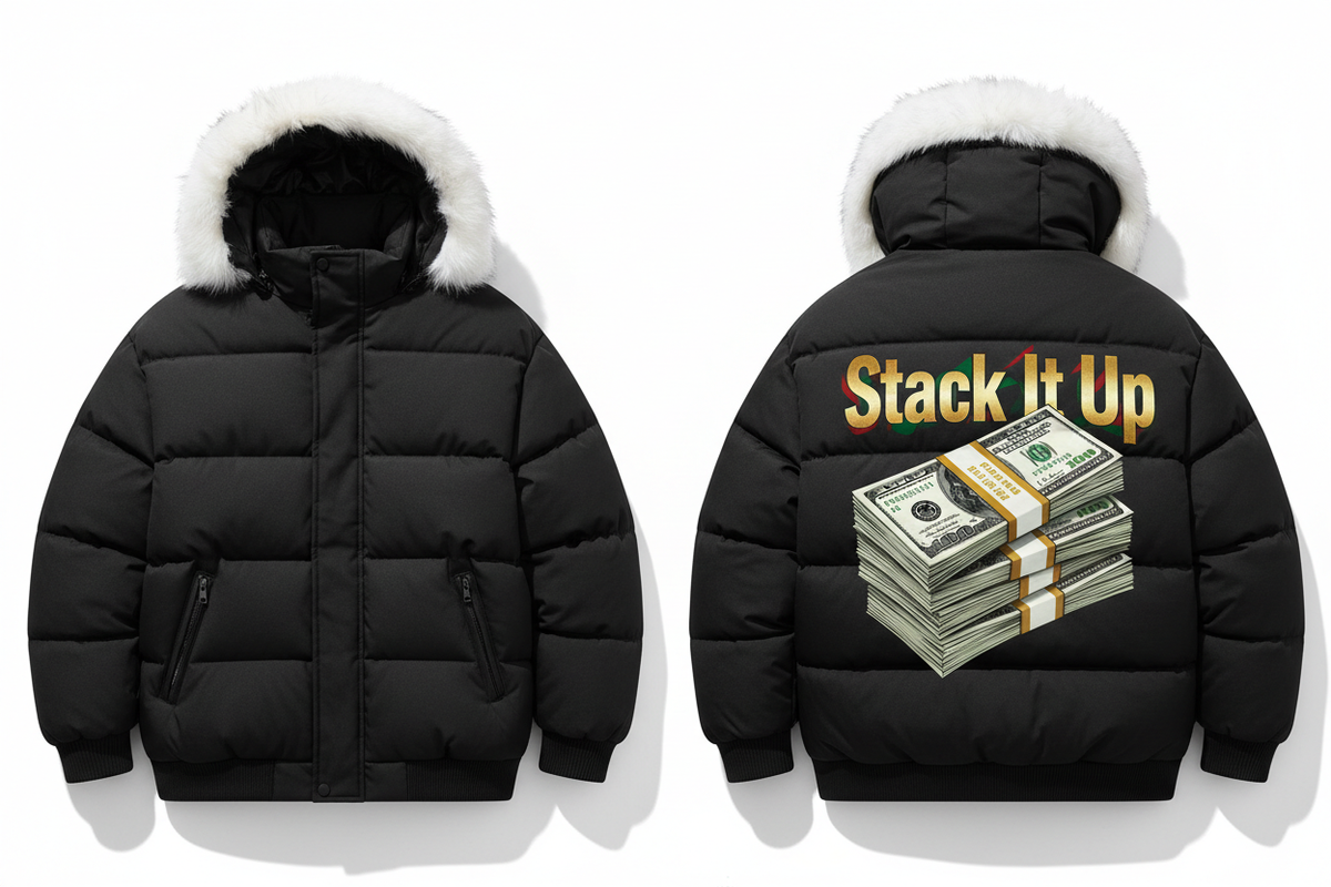 Men's Stack It Up Puffer Jacket - White Fur Hood, Green Red & Gold Design