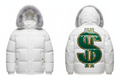 Men's White Puffer Jacket - Light Gray Fur Hood & Green Gold Money Sign