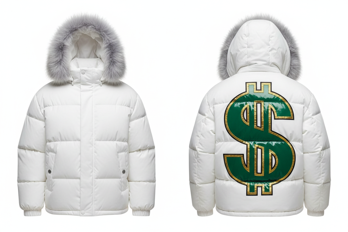 Men's White Puffer Jacket - Light Gray Fur Hood & Green Gold Money Sign