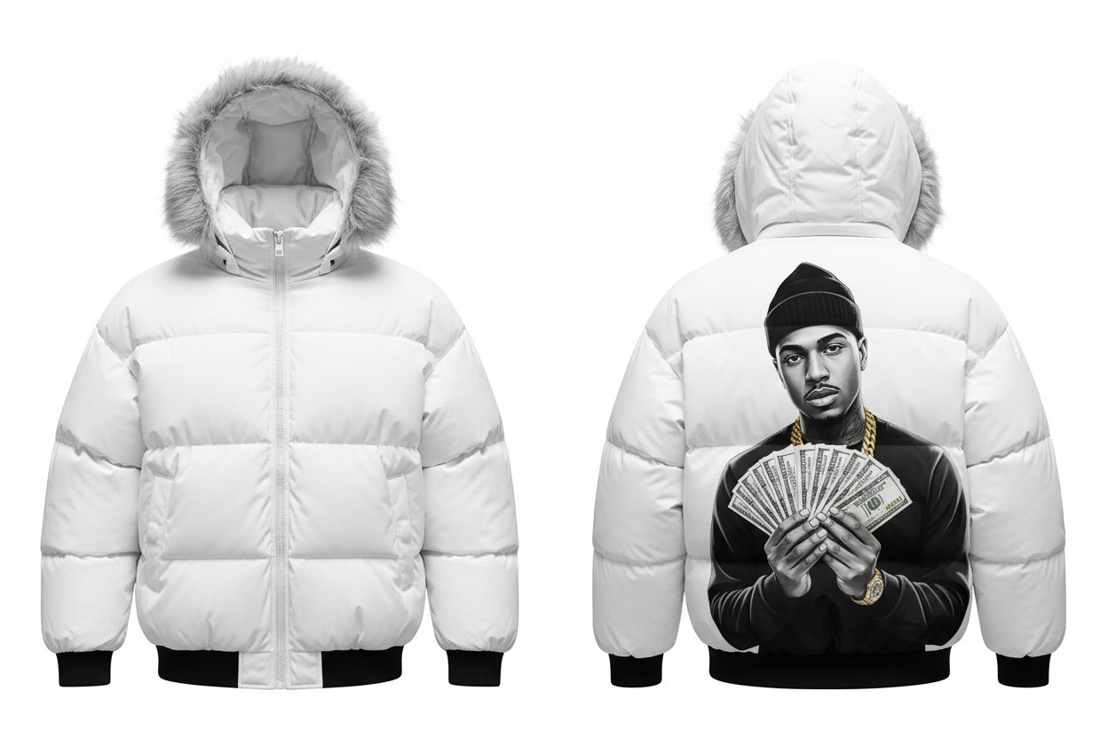 Men's White Puffer Jacket - Street Man Holding Money Graphic on Back