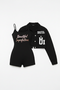 Plain Black Romper with Beautiful Imperfections in Pink & Gold + Denim Jacket