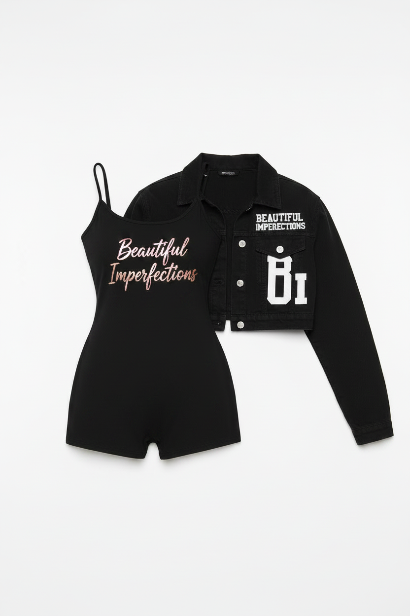 Plain Black Romper with Beautiful Imperfections in Pink & Gold + Denim Jacket