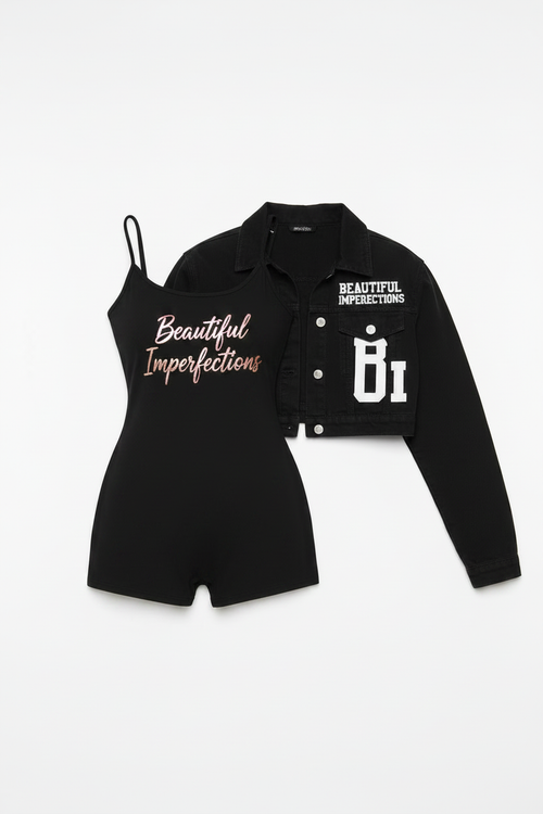 Plain Black Romper with Beautiful Imperfections in Pink & Gold + Denim Jacket