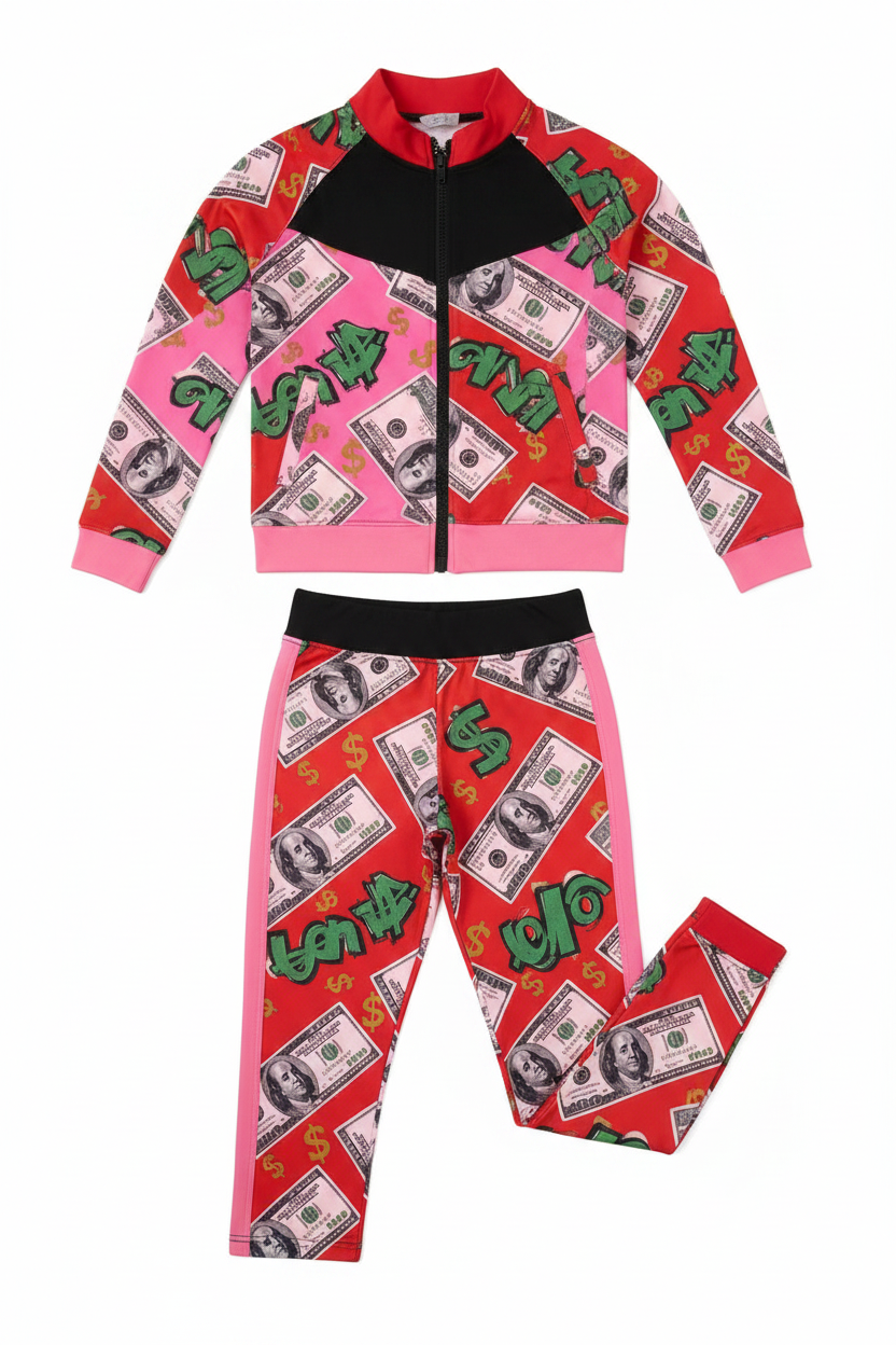 Teen Activewear Track Jacket & Pants - Pink Black Red Money Print