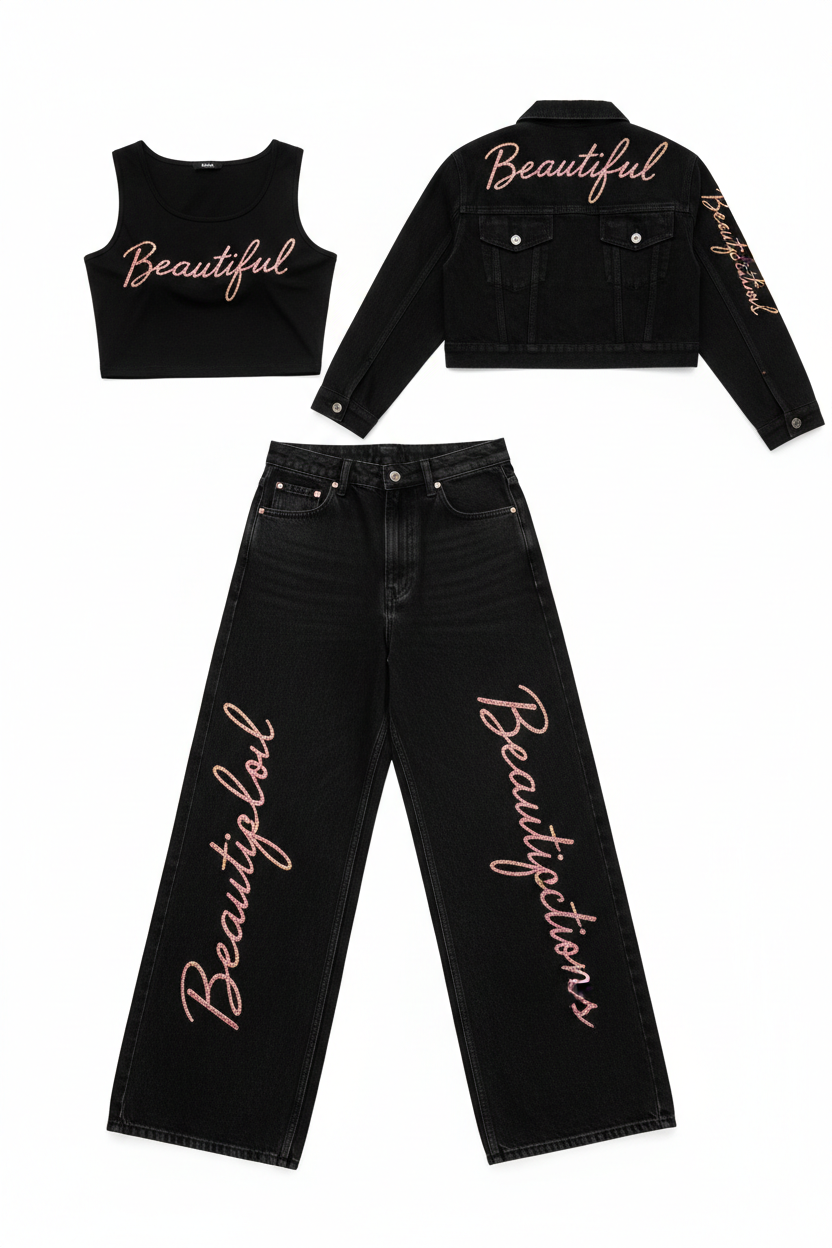 Three Piece Black Denim Set - Beautiful Imperfections