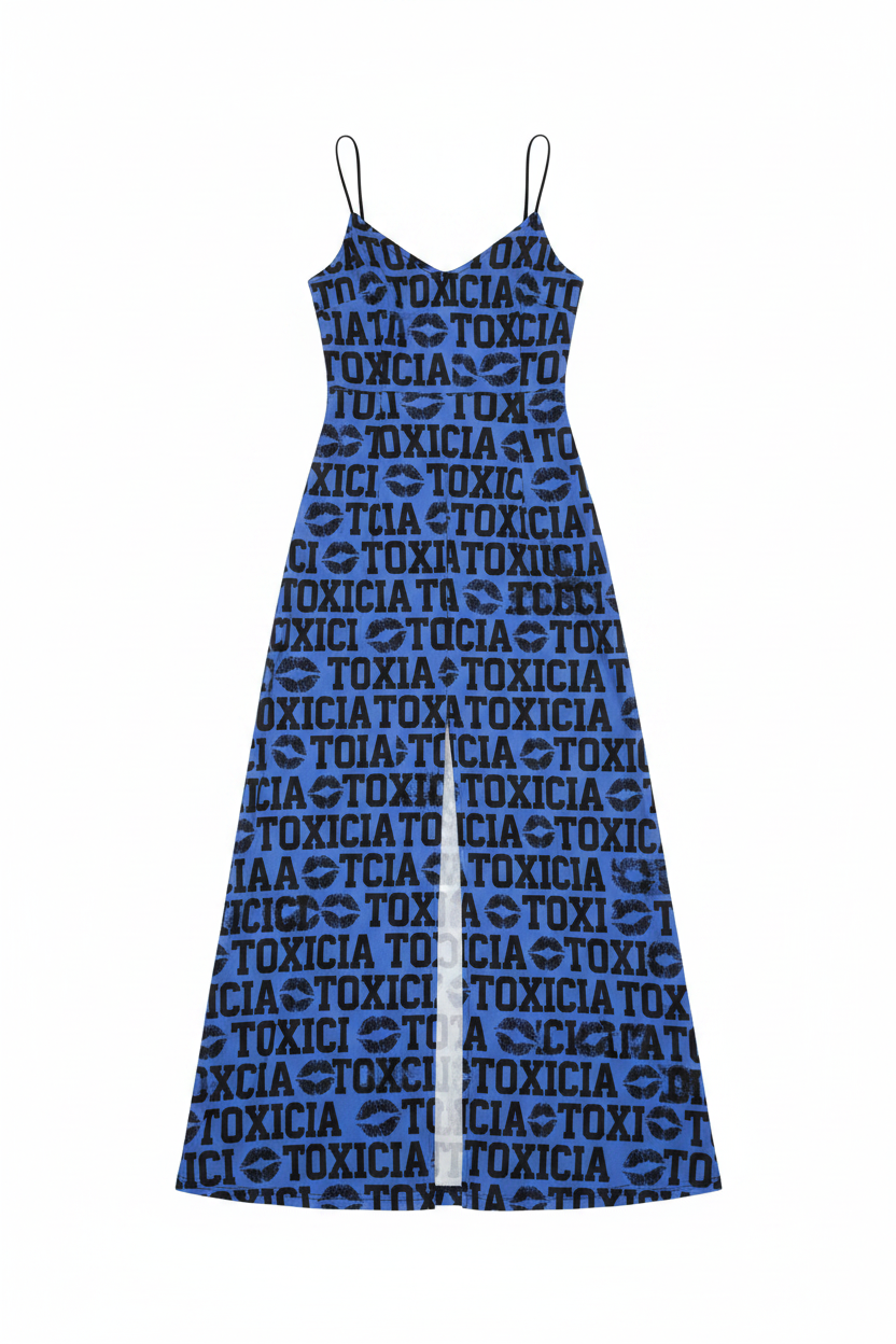 Toxicia Long Maxi Dress - Black & Blue with Front Slit