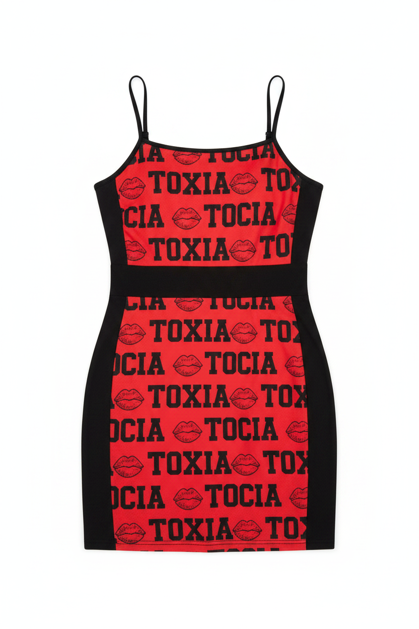 Toxicia Mini Dress - Red Black with Lips Allover Print